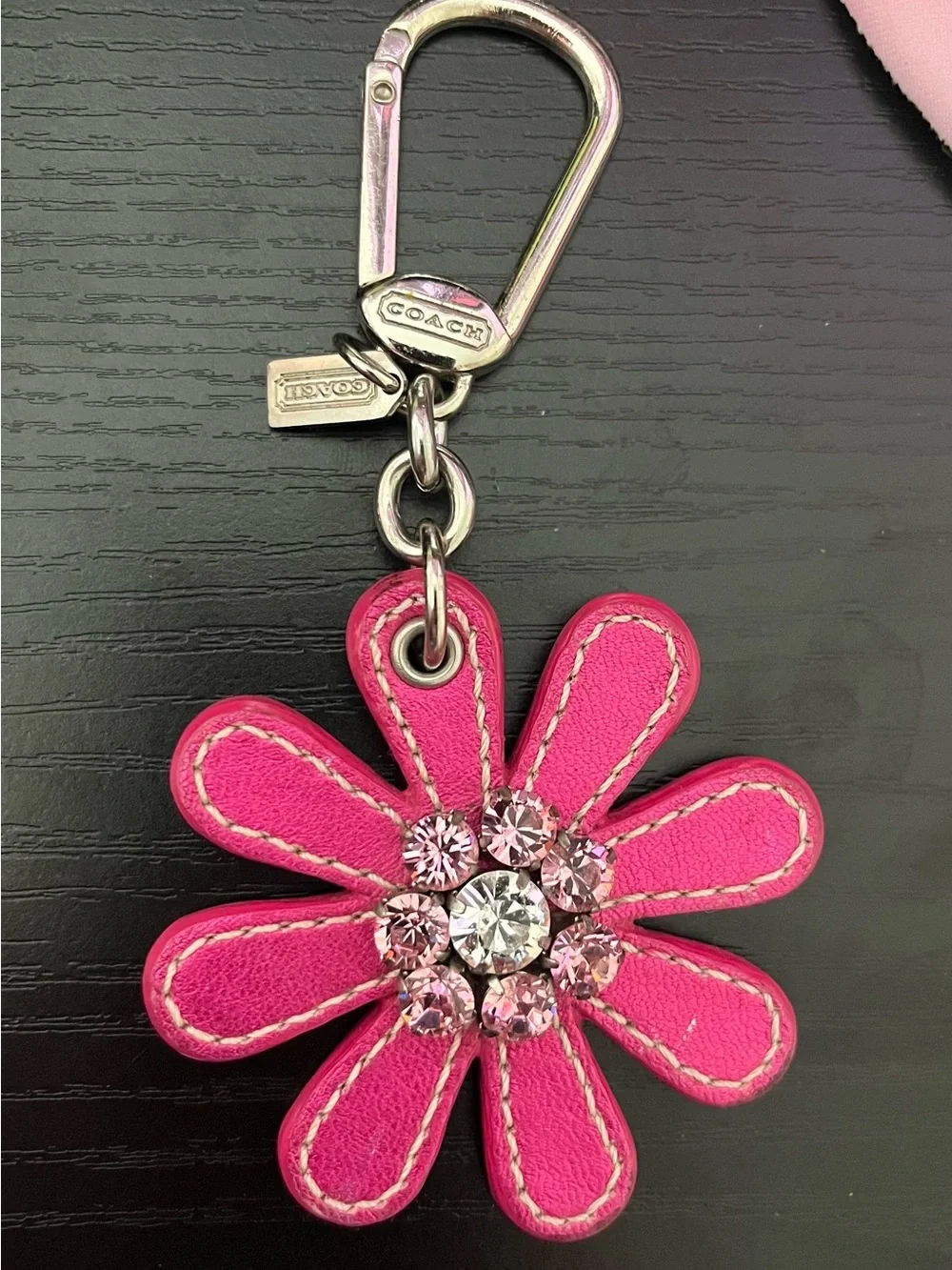 COACH Pink Metallic Leather Flower Keychain Charm with Crystal Embellishments